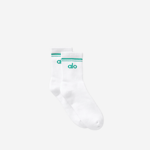 ALO YOGA UNISEX HALF-CREW THROWBACK SOCK WHITE/SPRUCE GREEN