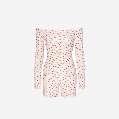 SKIMS FITS EVERYBODY PICOT OFF THE SHOULDER ONESIE RUBY HEART PRINT