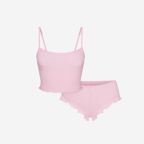 SKIMS LOGO POINTELLE CROPPED CAMI SET CHERRY BLOSSOM