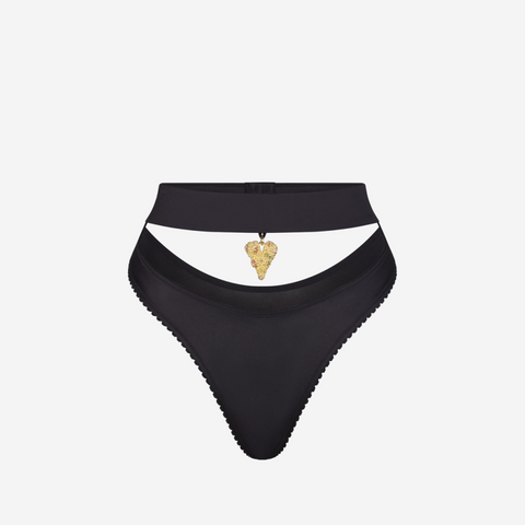 SKIMS STRETCH SATIN PENDANT DIPPED THONG ONYX