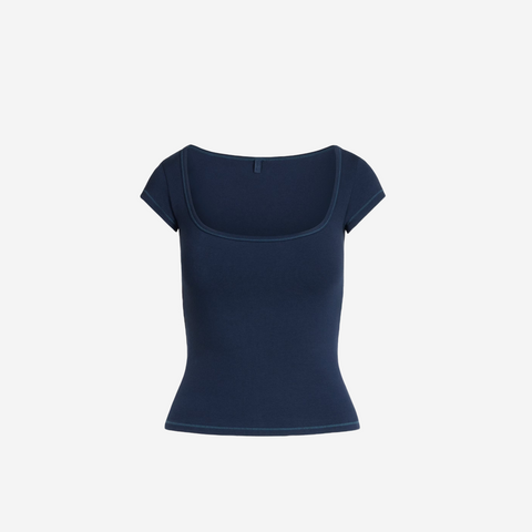 SKIMS COTTON JERSEY SCOOP NECK T-SHIRT NAVY