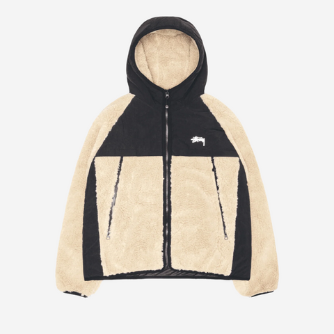 STUSSY SHERPA PANELED HOODED JACKET BEIGE