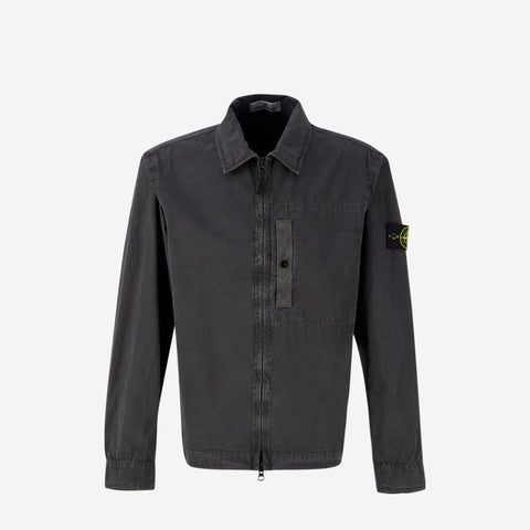 STONE ISLAND OLD EFFECT COTTON ZIP SHIRT CHARCOAL