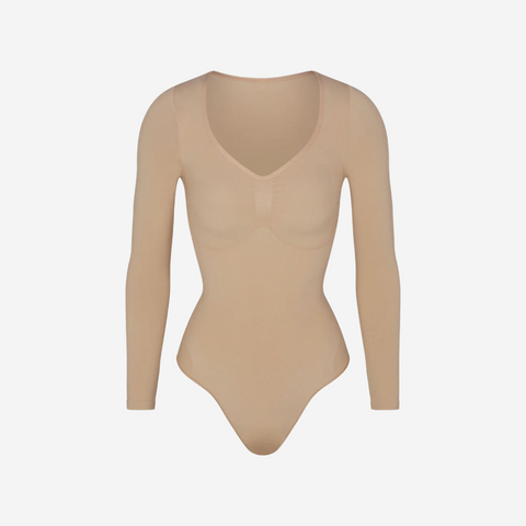 SKIMS SEAMLESS SCULPT LONG SLEEVE THONG BODYSUIT CLAY