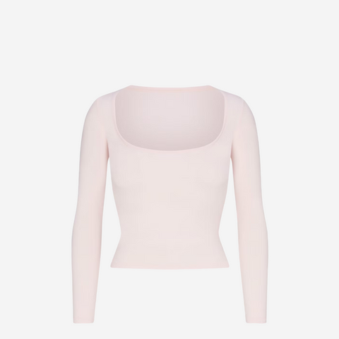 SKIMS COTTON JERSEY SCOOP NECK LONG BARELY PINK