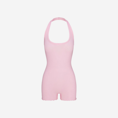 SKIMS LOGO POINTELLE HALTER ONESIE CHERRY BLOSSOM