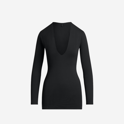 SKIMS SMOOTH LAYERS DEEP PLUNGE MINI DRESS OBSIDIAN
