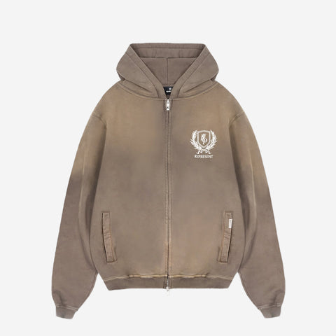 Represent Crest Zip Up Hoodie Dark Taupe
