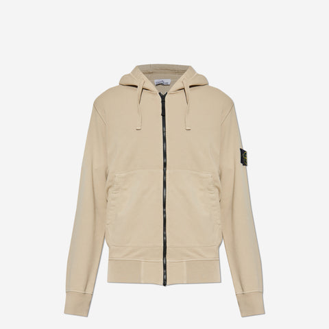 STONE ISLAND LOGO PATCH ZIP-UP HOODIE BEIGE