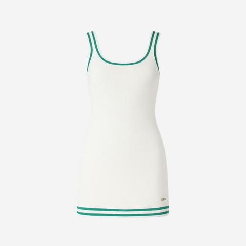 ALO YOGA TENNIS CLUB SWEATER KNIT DRESS WHITE/SPRUCE GREEN